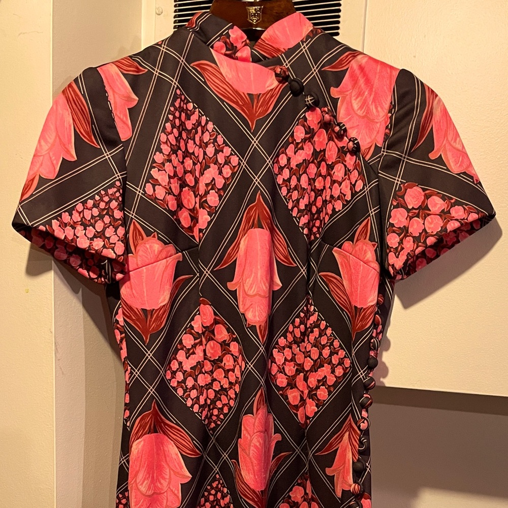 Vintage Floral Dress - pink and brown print on polyester with zip closure RETRO